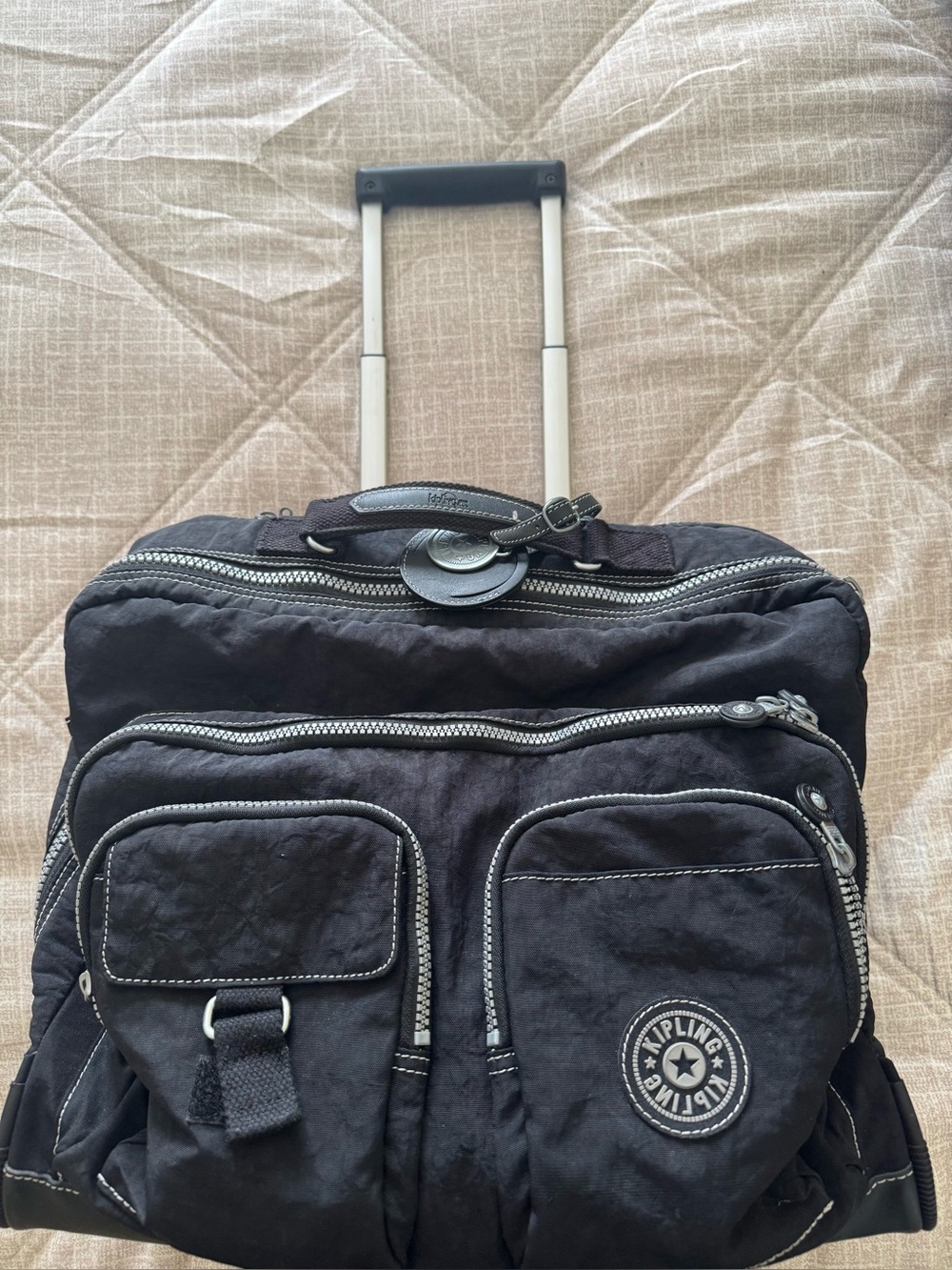 Kipling Black Rolling Tote with Front Pockets and telescoping handle